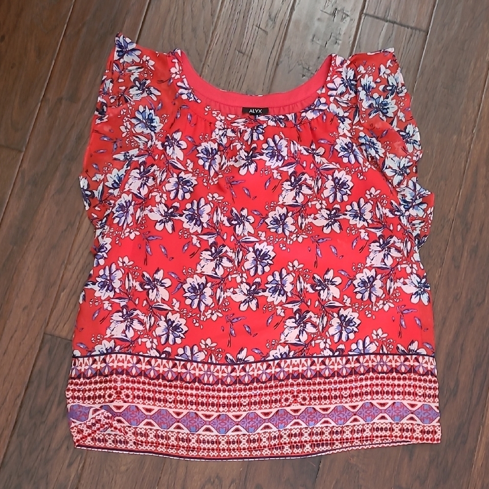 Alyx Red with Blue & White Floral Print Sleeveless Blouse size 0X